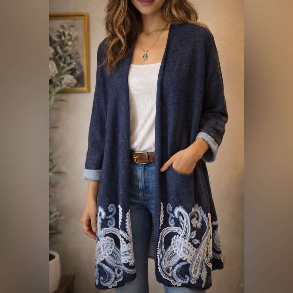 new directions Navy Blue Open Front Cardigan with White Paisley Embroidery